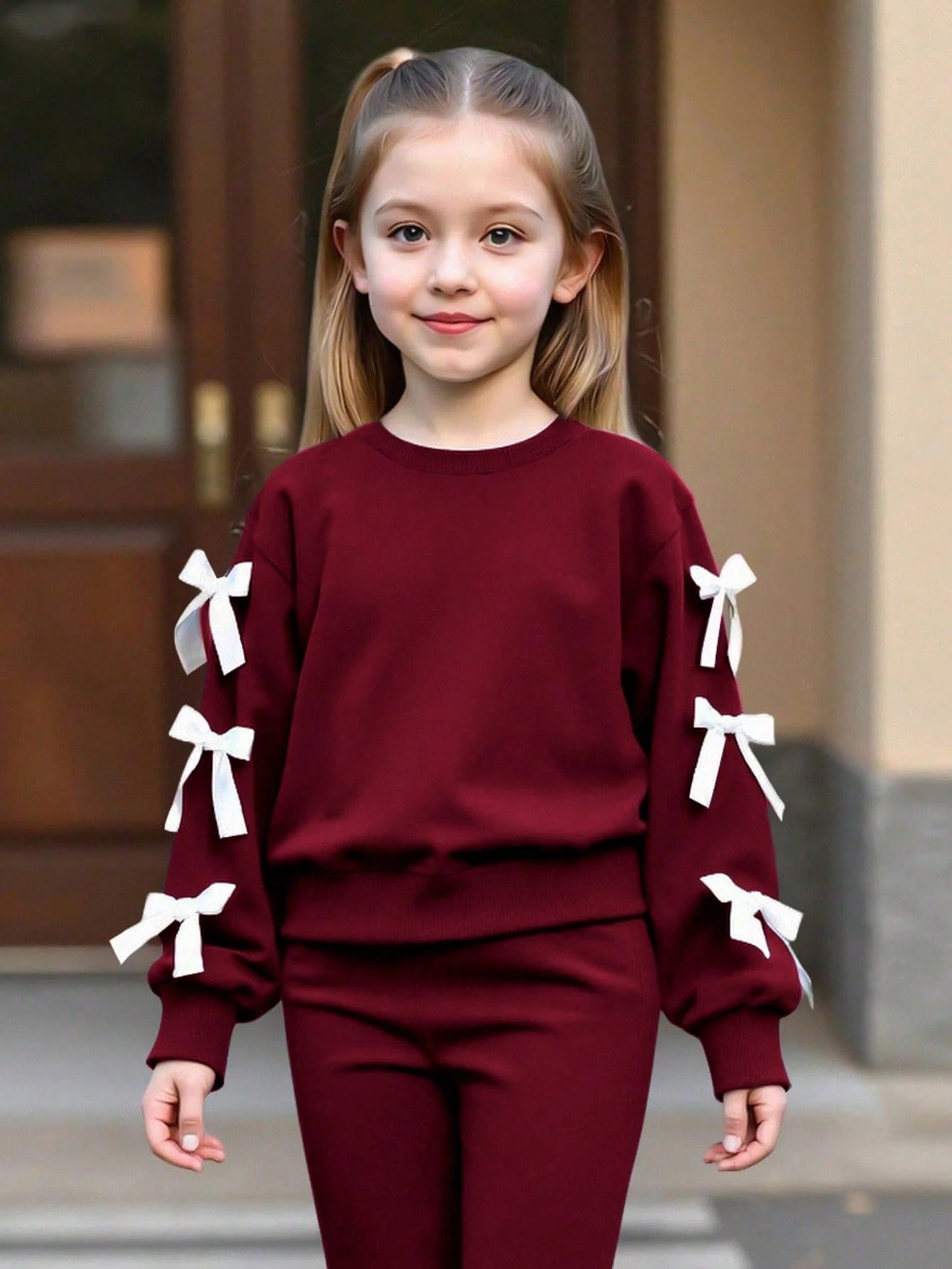 2pcs Girls Casual Sweatshirt And Flare Pants Set, Bow Decor Long Sleeve Crew Neck Top And Elegant Flared Trousers, Comfortable And Fashionable For Spring/Autumn Burgundy