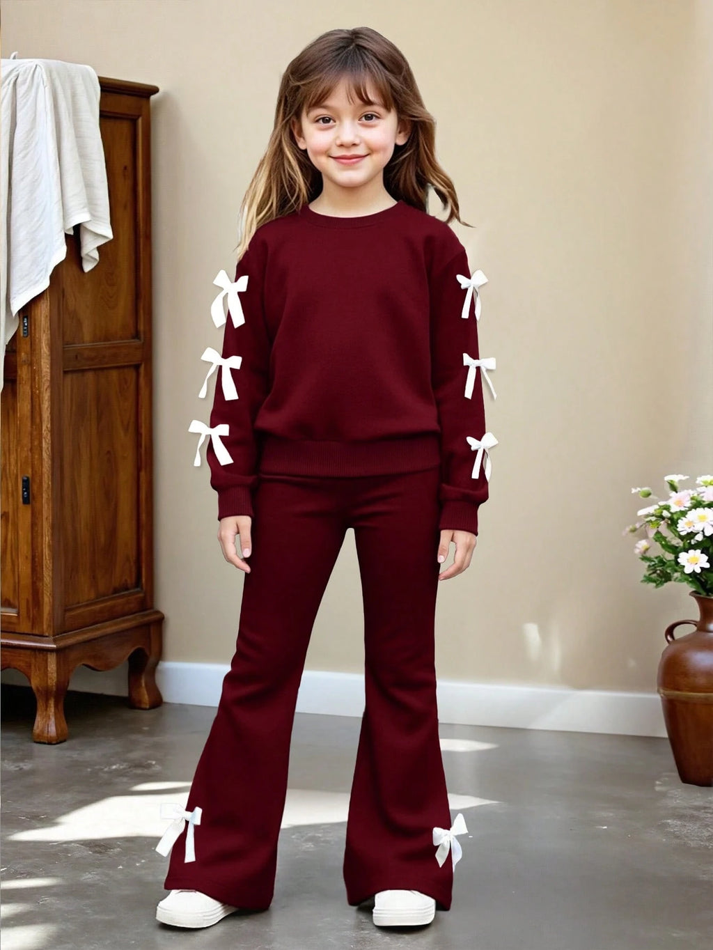 2pcs Girls Casual Sweatshirt And Flare Pants Set, Bow Decor Long Sleeve Crew Neck Top And Elegant Flared Trousers, Comfortable And Fashionable For Spring/Autumn Burgundy