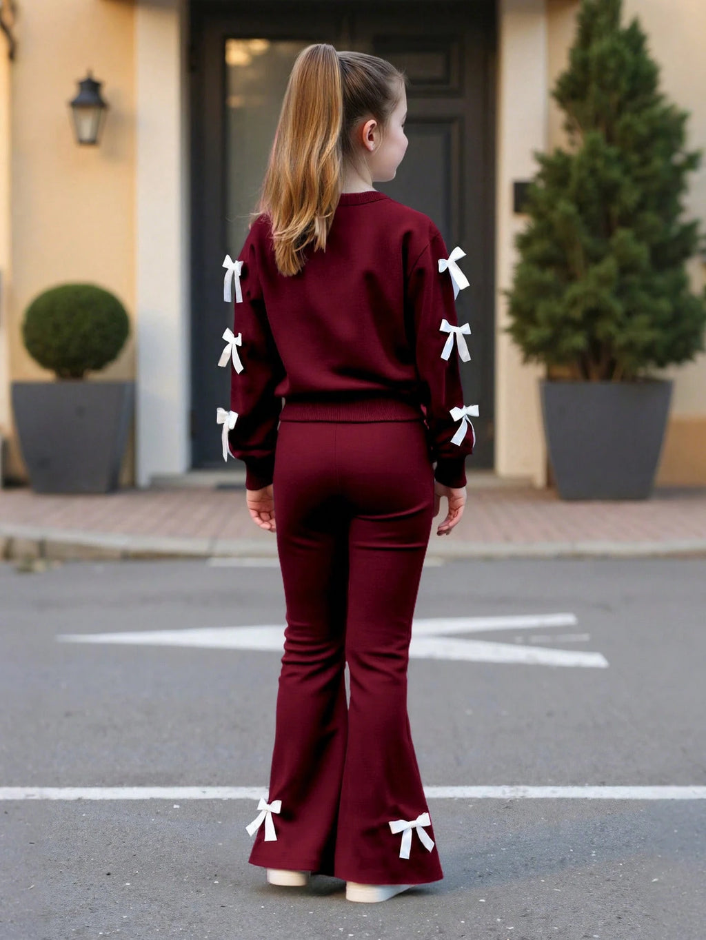2pcs Girls Casual Sweatshirt And Flare Pants Set, Bow Decor Long Sleeve Crew Neck Top And Elegant Flared Trousers, Comfortable And Fashionable For Spring/Autumn Burgundy