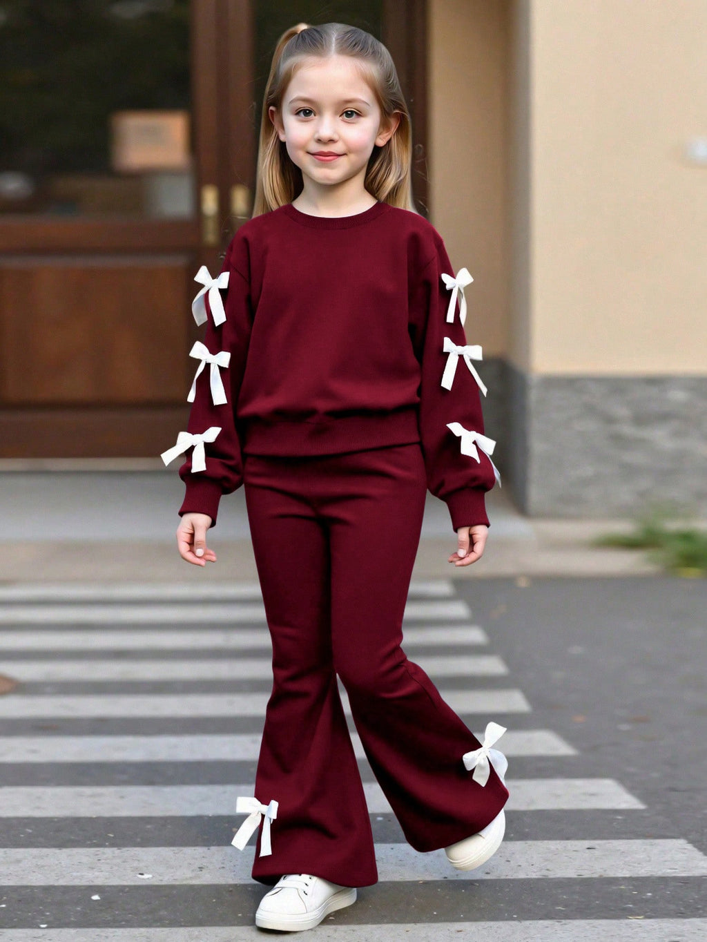 2pcs Girls Casual Sweatshirt And Flare Pants Set, Bow Decor Long Sleeve Crew Neck Top And Elegant Flared Trousers, Comfortable And Fashionable For Spring/Autumn Burgundy