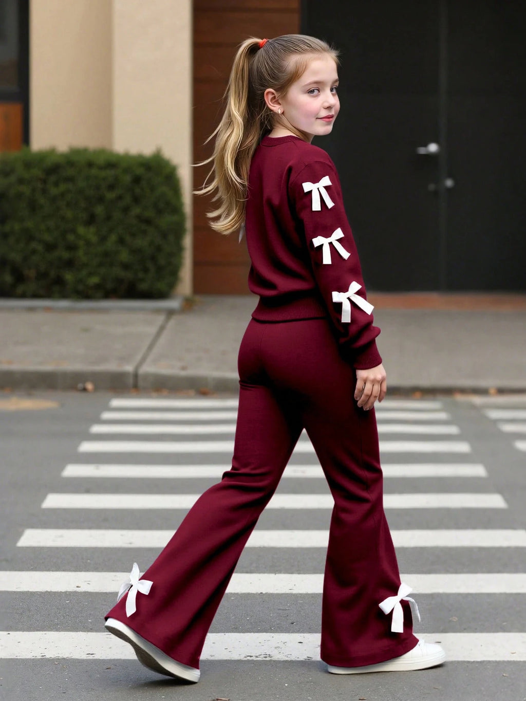 2pcs Girls Casual Sweatshirt And Flare Pants Set, Bow Decor Long Sleeve Crew Neck Top And Elegant Flared Trousers, Comfortable And Fashionable For Spring/Autumn Burgundy