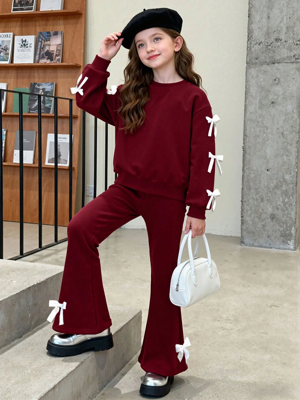 2pcs Girls Casual Sweatshirt And Flare Pants Set, Bow Decor Long Sleeve Crew Neck Top And Elegant Flared Trousers, Comfortable And Fashionable For Spring/Autumn Burgundy