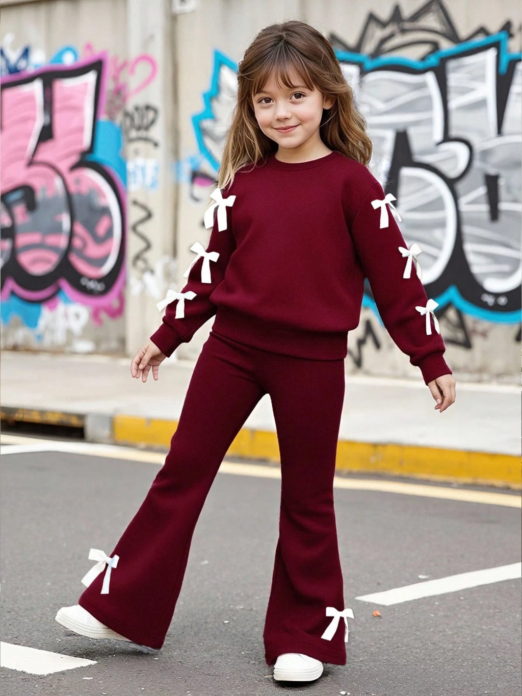 2pcs Girls Casual Sweatshirt And Flare Pants Set, Bow Decor Long Sleeve Crew Neck Top And Elegant Flared Trousers, Comfortable And Fashionable For Spring/Autumn Burgundy