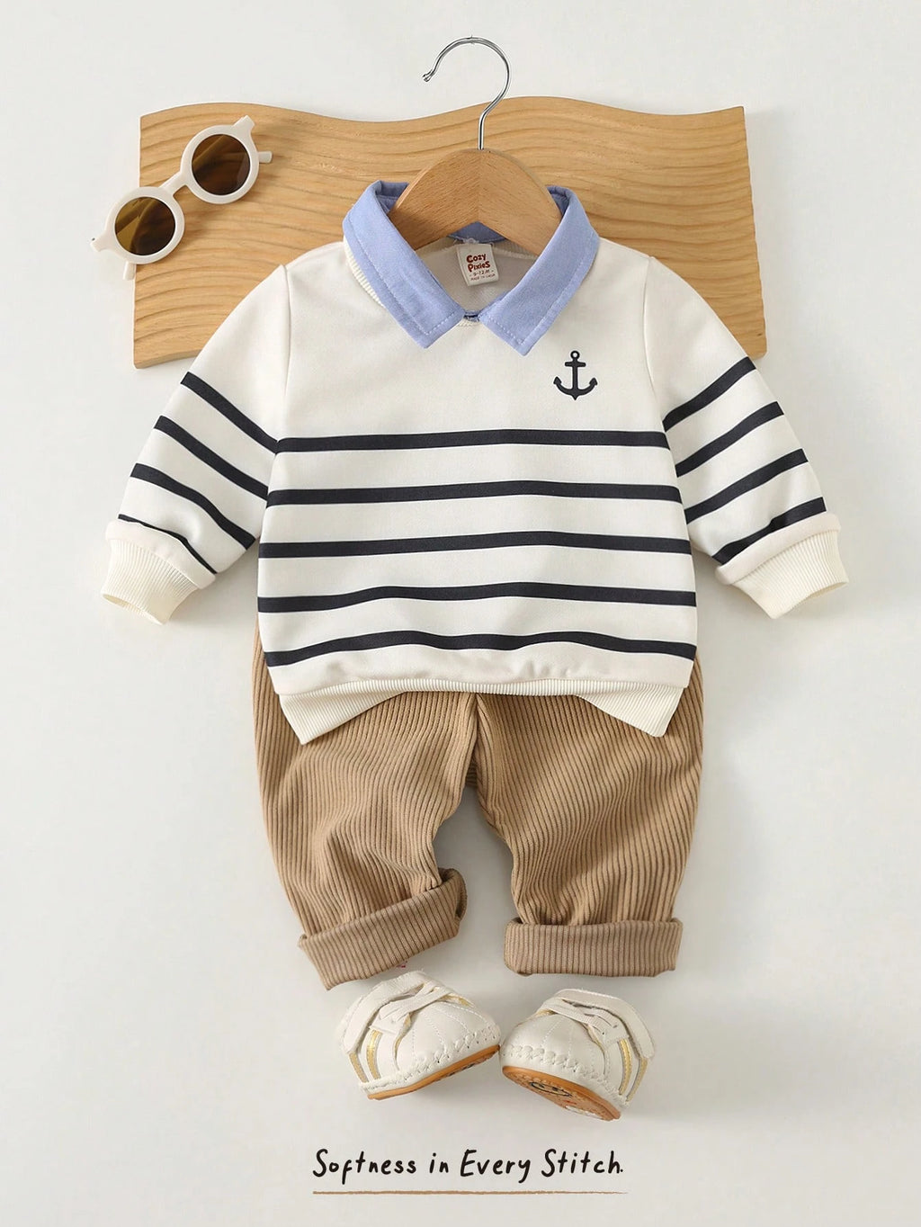 Ensemble 2 pièces garçon Bambinoo x Cozy Pixies : Sweat-shirt rayé 2-en-1 et pantalon Kaki