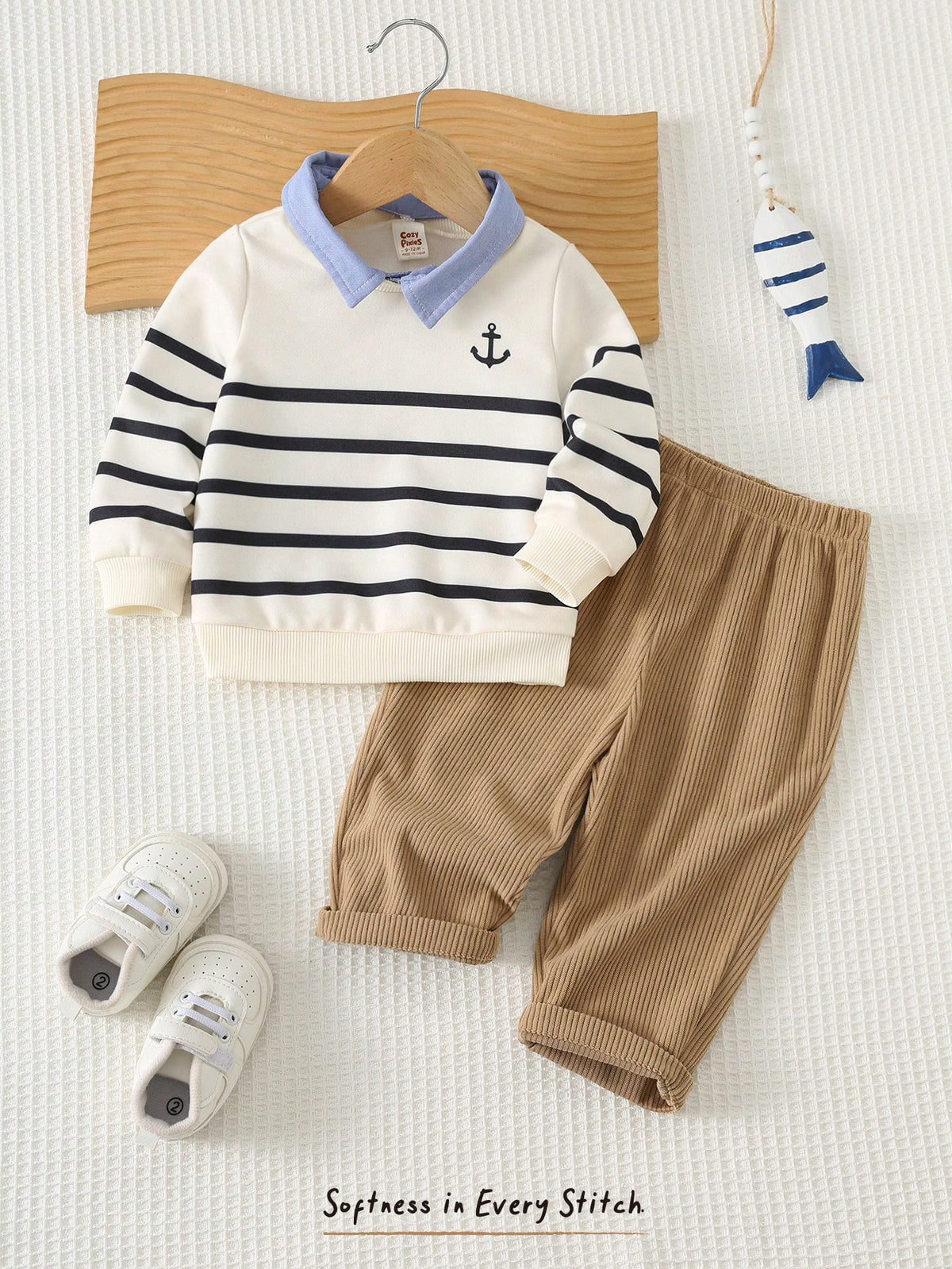 Ensemble 2 pièces garçon Bambinoo x Cozy Pixies : Sweat-shirt rayé 2-en-1 et pantalon Kaki