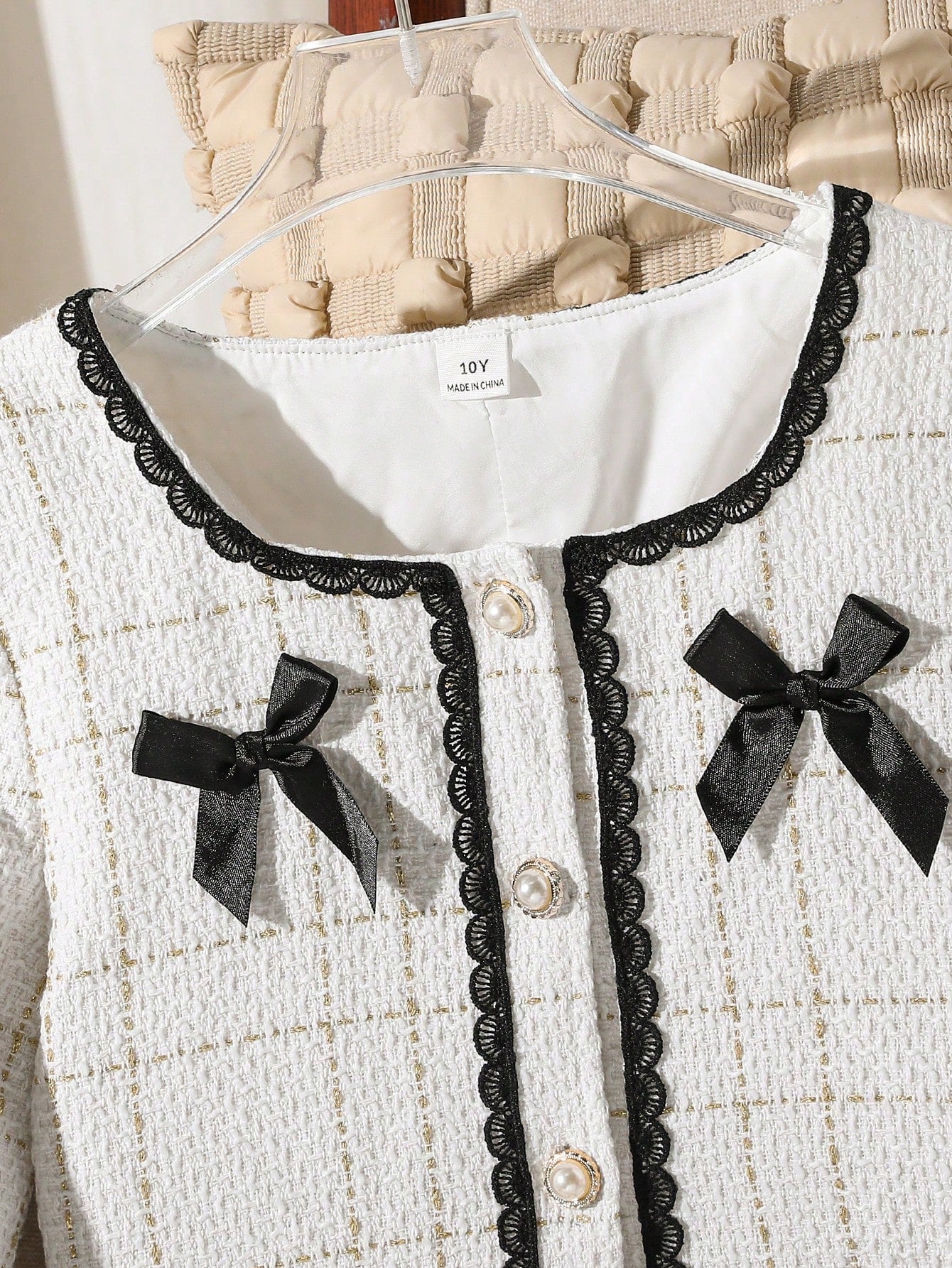 SHEIN Tween Girls 2pcs/Set This Is A Mini Set For Girls Consisting Of Two Pieces: A Short Tweed Jacket For Tween Girls, And A Skirt Decorated With Bows. Apricot
