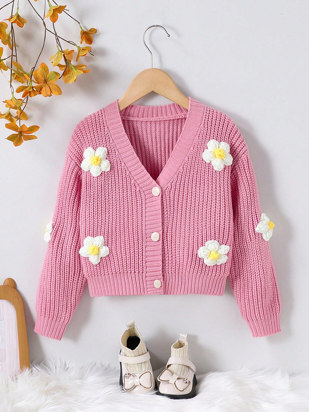 Girls' Pink Flower Applique Strawberry Cardigan