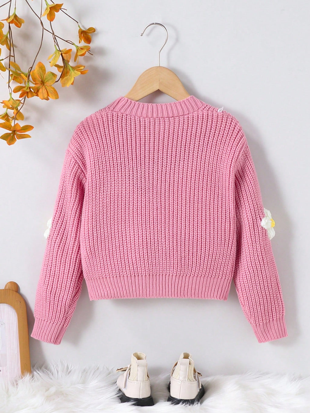 Girls' Pink Flower Applique Strawberry Cardigan