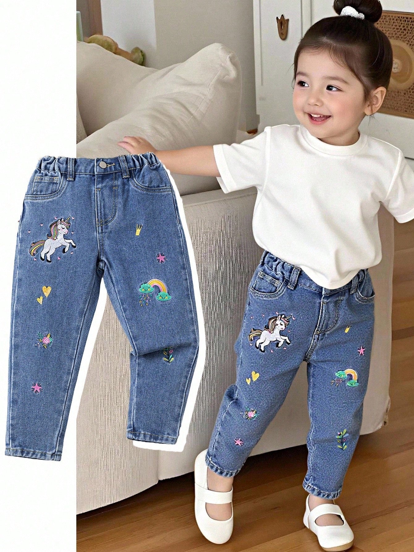 Girls' Rainbow Embroidered Tapered Jeans
