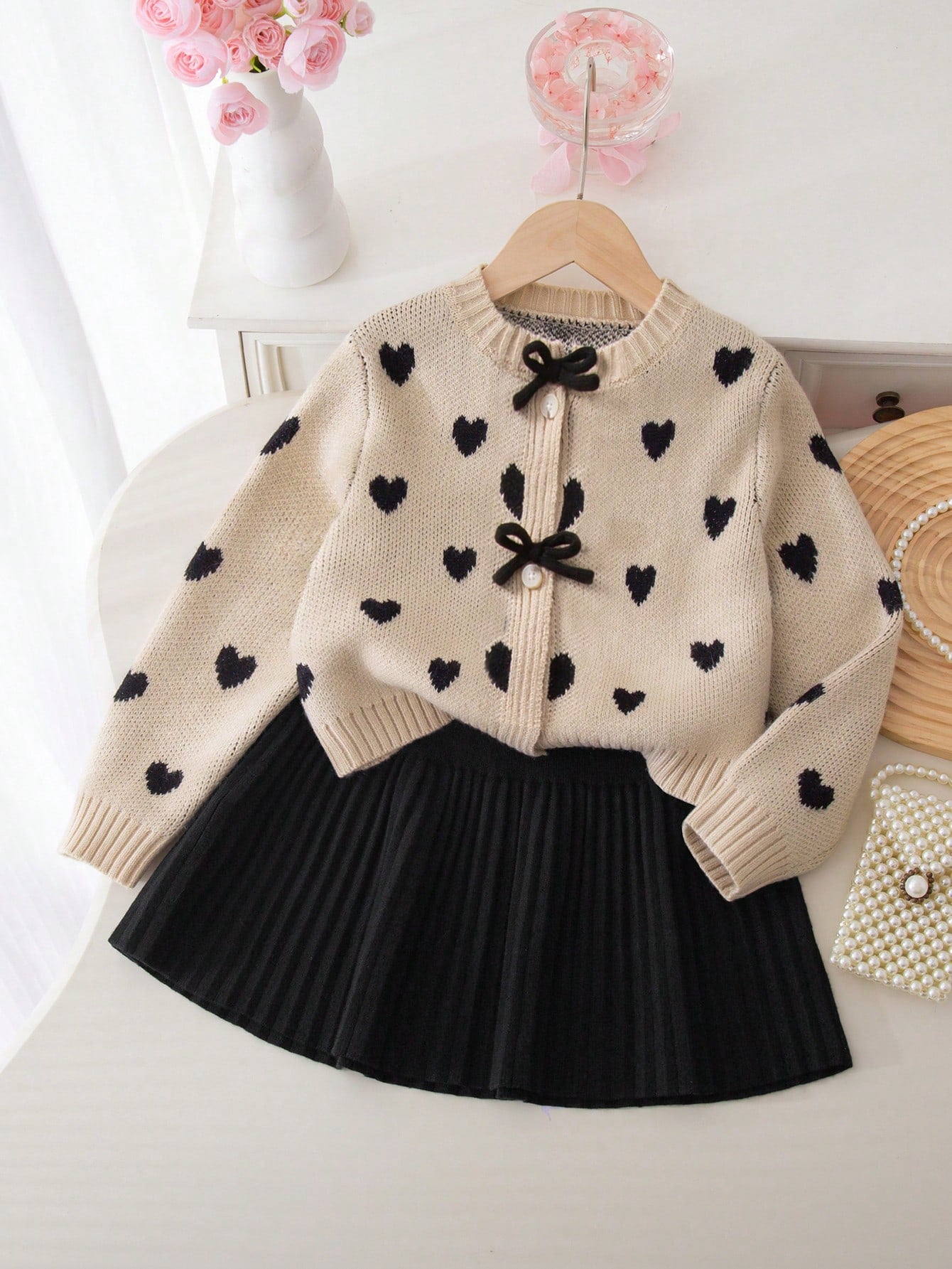 Ensemble Fille Cardigan Cœur Jacquard & Jupe Plissée