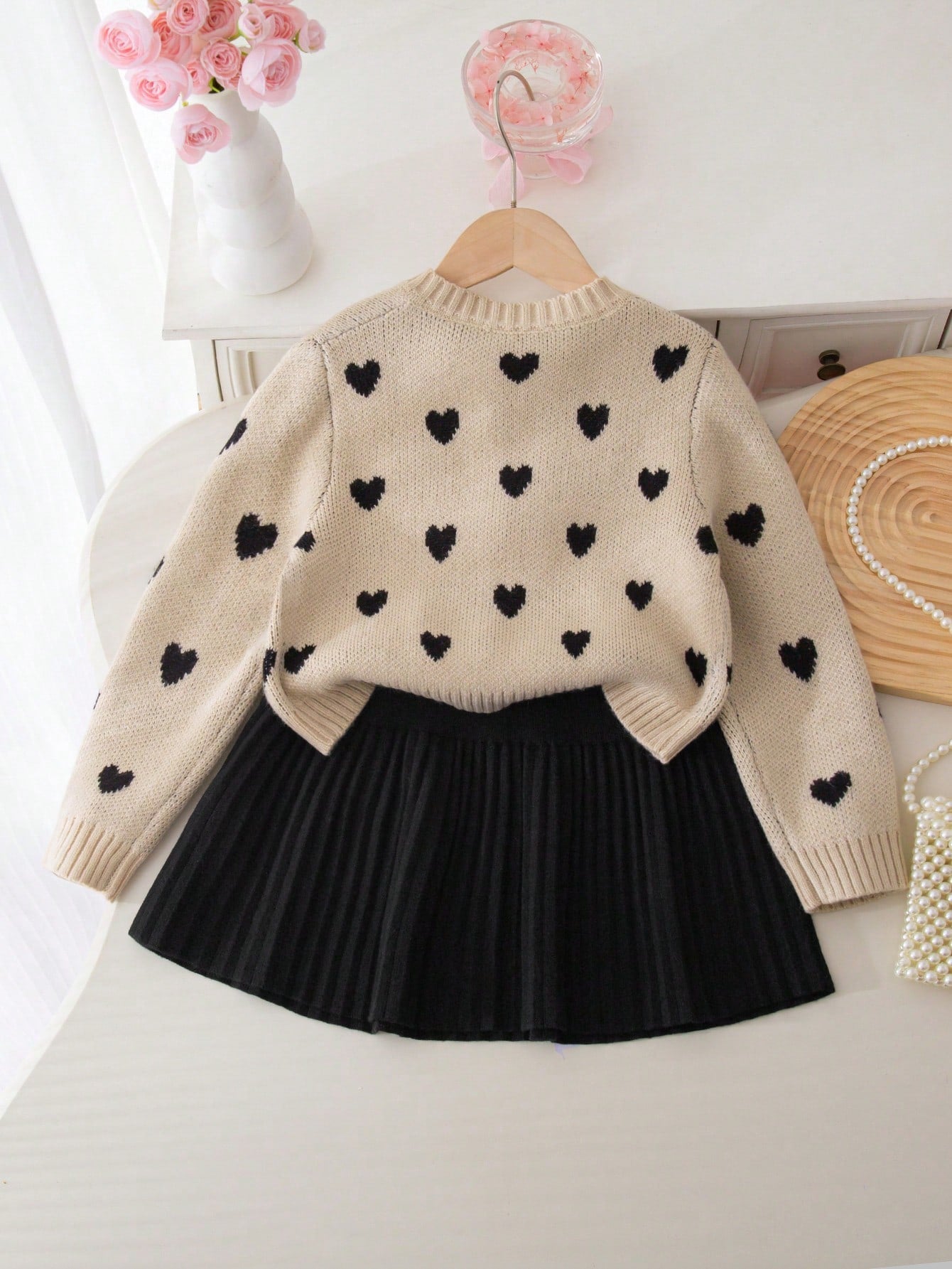 Ensemble Fille Cardigan Cœur Jacquard & Jupe Plissée