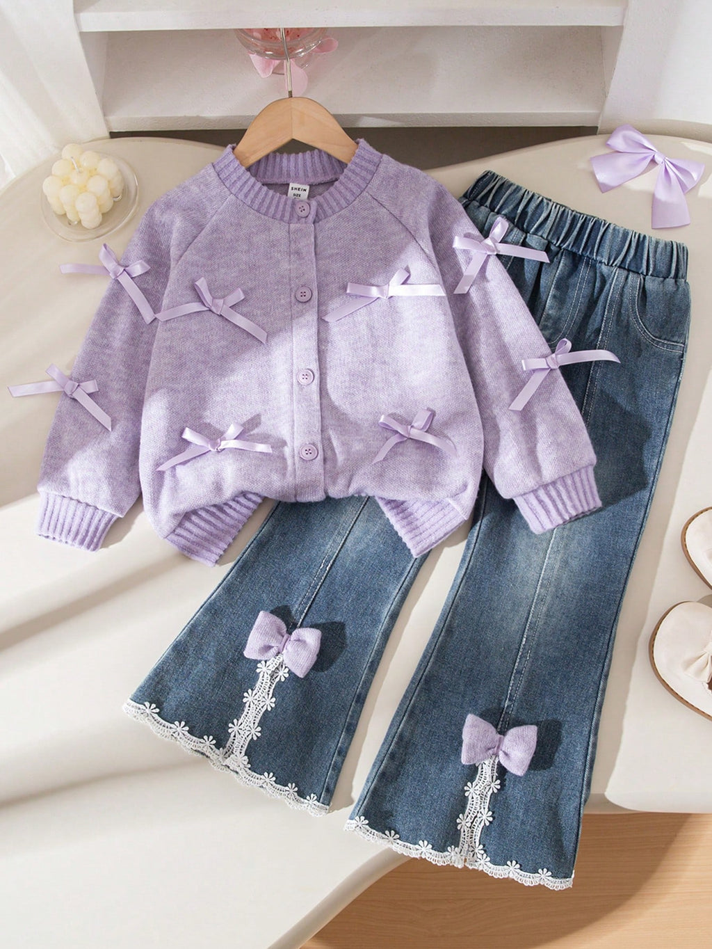 Young Girl Bow Decor Cardigan Denim Flare Pant 2 Piece Set