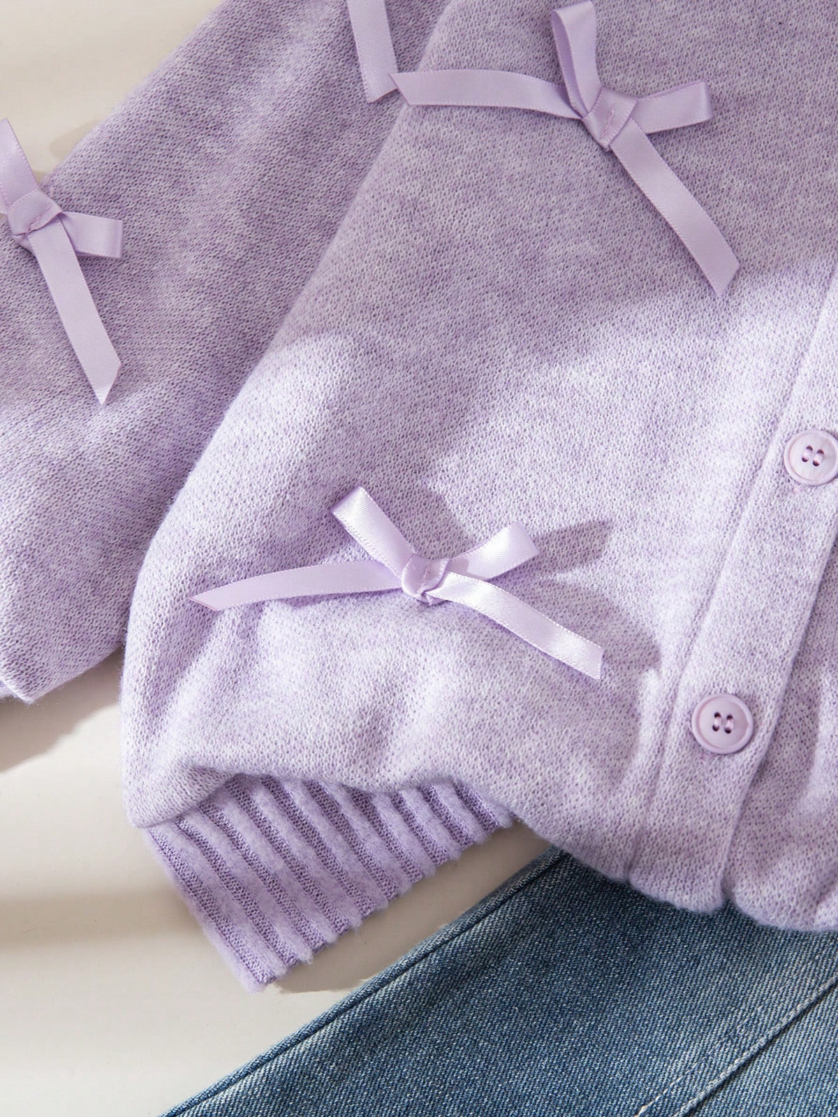 Young Girl Bow Decor Cardigan Denim Flare Pant 2 Piece Set