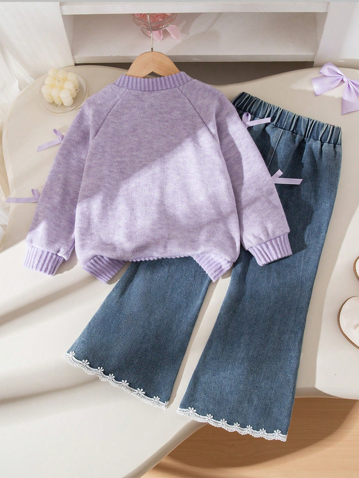Young Girl Bow Decor Cardigan Denim Flare Pant 2 Piece Set