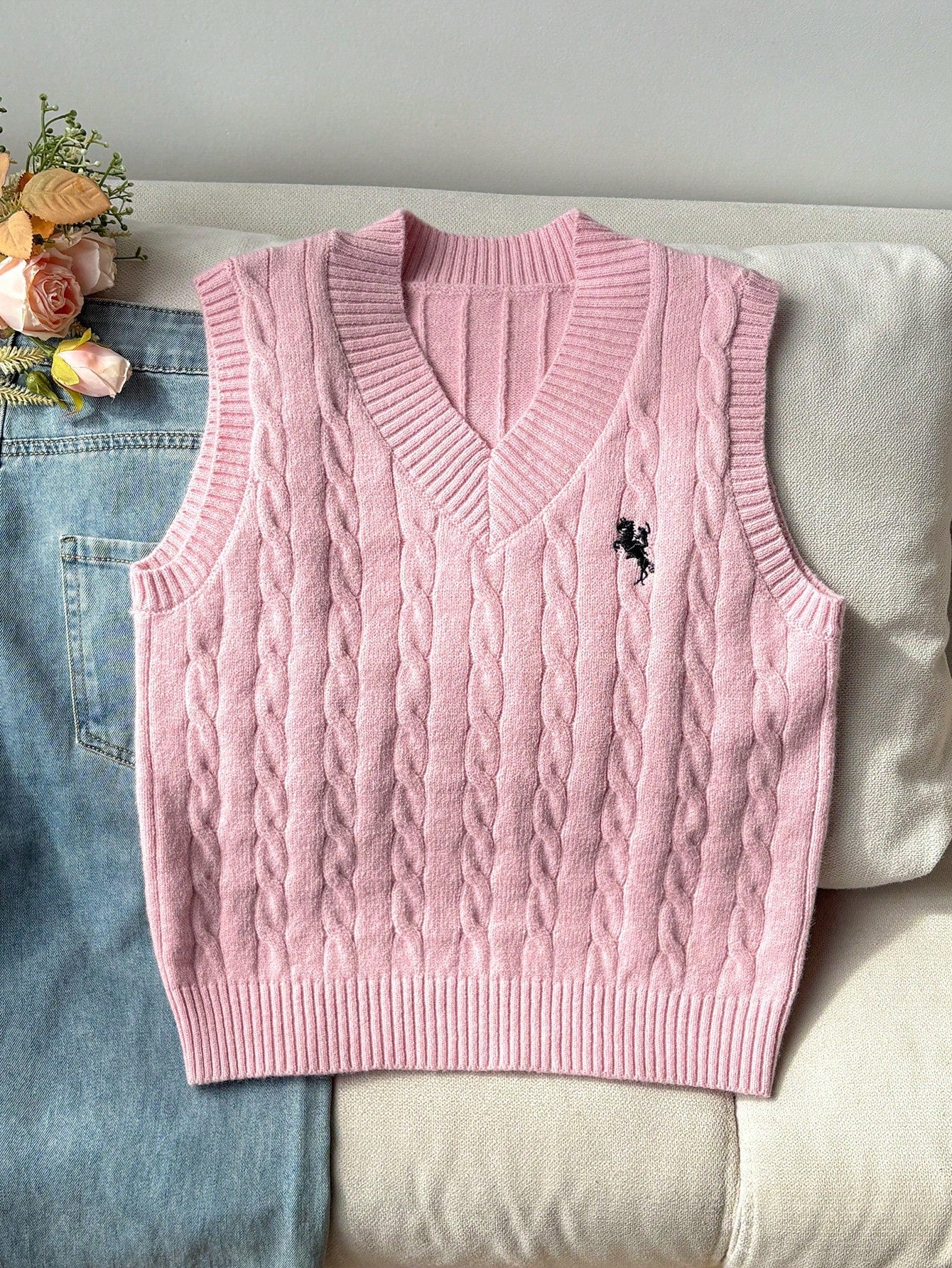 Girls' Light Pink Embroidered Sweater Vest
