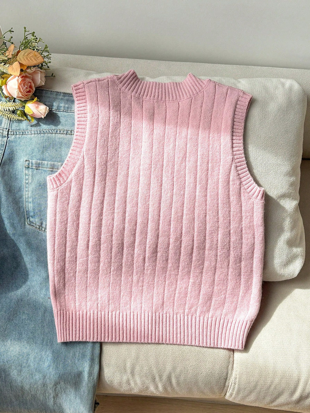 Girls' Light Pink Embroidered Sweater Vest