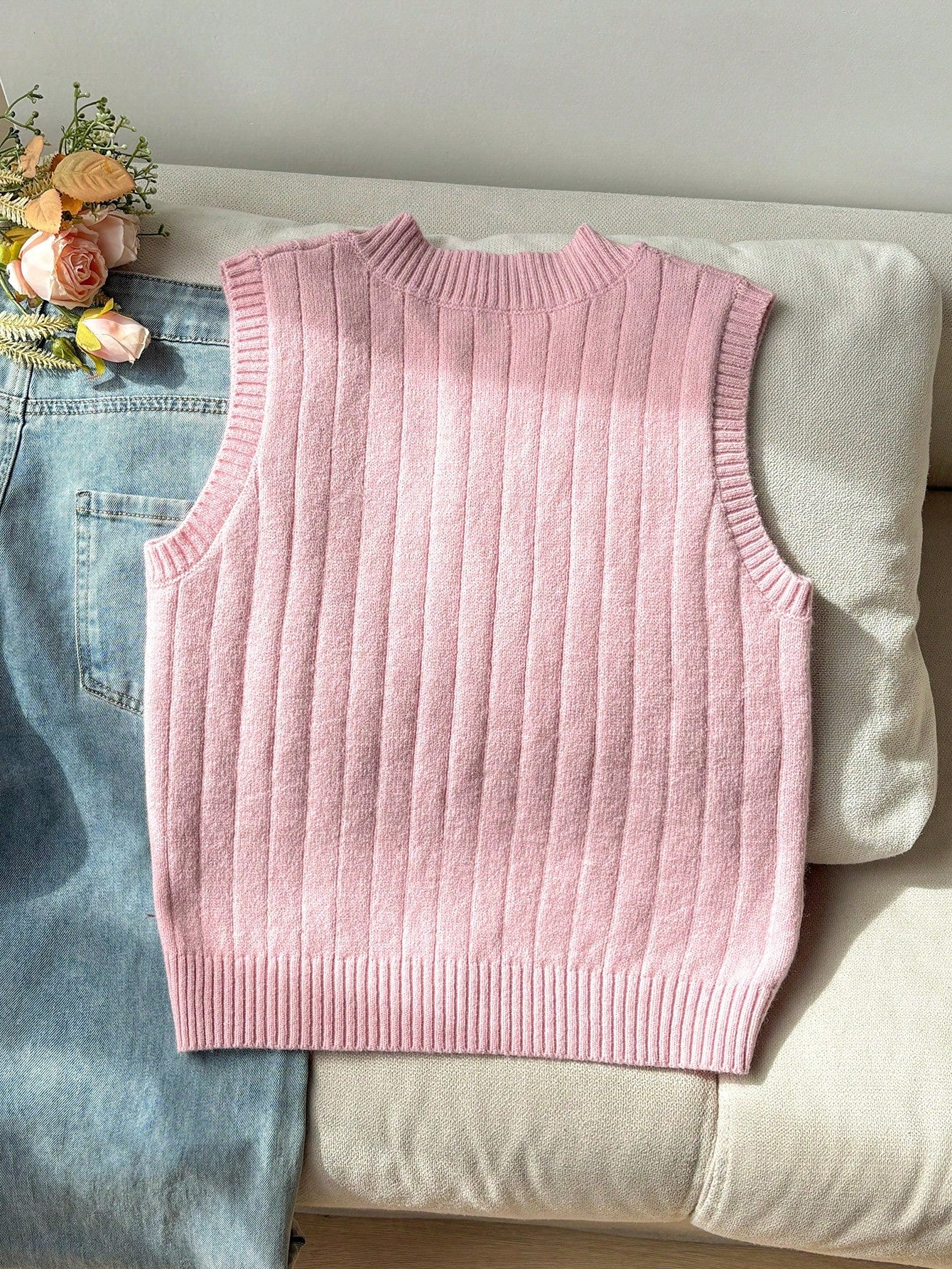 Girls' Light Pink Embroidered Sweater Vest