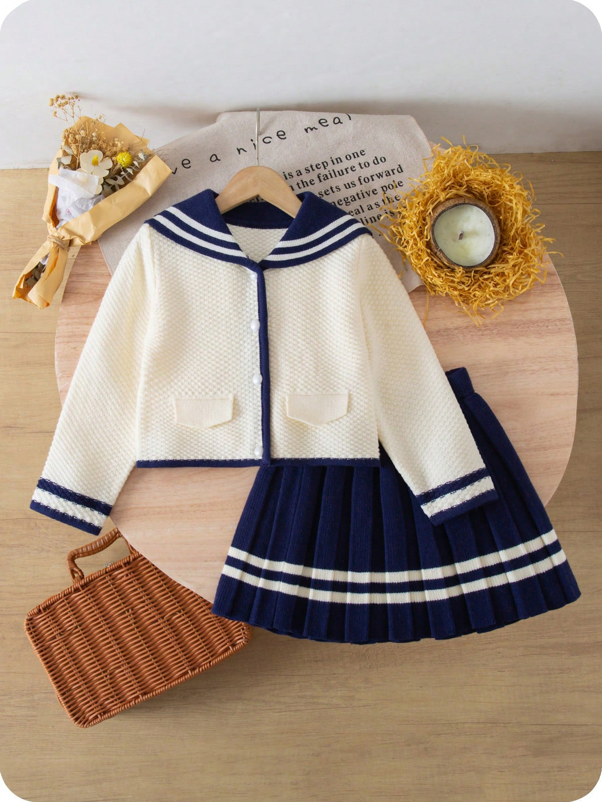 Young Girl Sailor Collar Knitted Cardigan Pleated Skirt 2 Piece Set