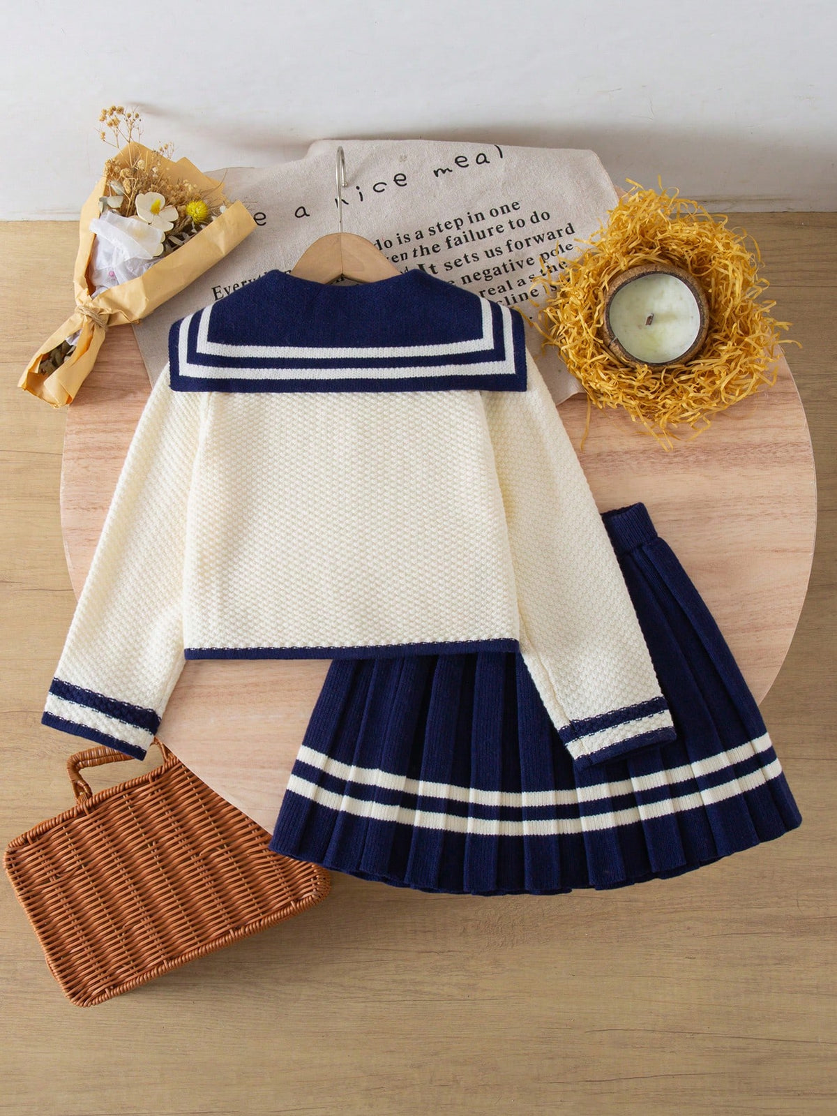 Young Girl Sailor Collar Knitted Cardigan Pleated Skirt 2 Piece Set