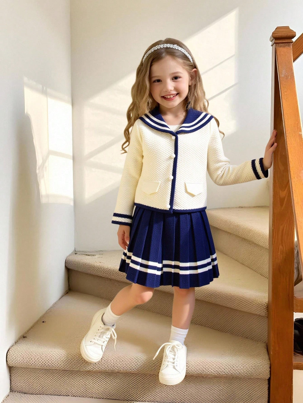 Young Girl Sailor Collar Knitted Cardigan Pleated Skirt 2 Piece Set