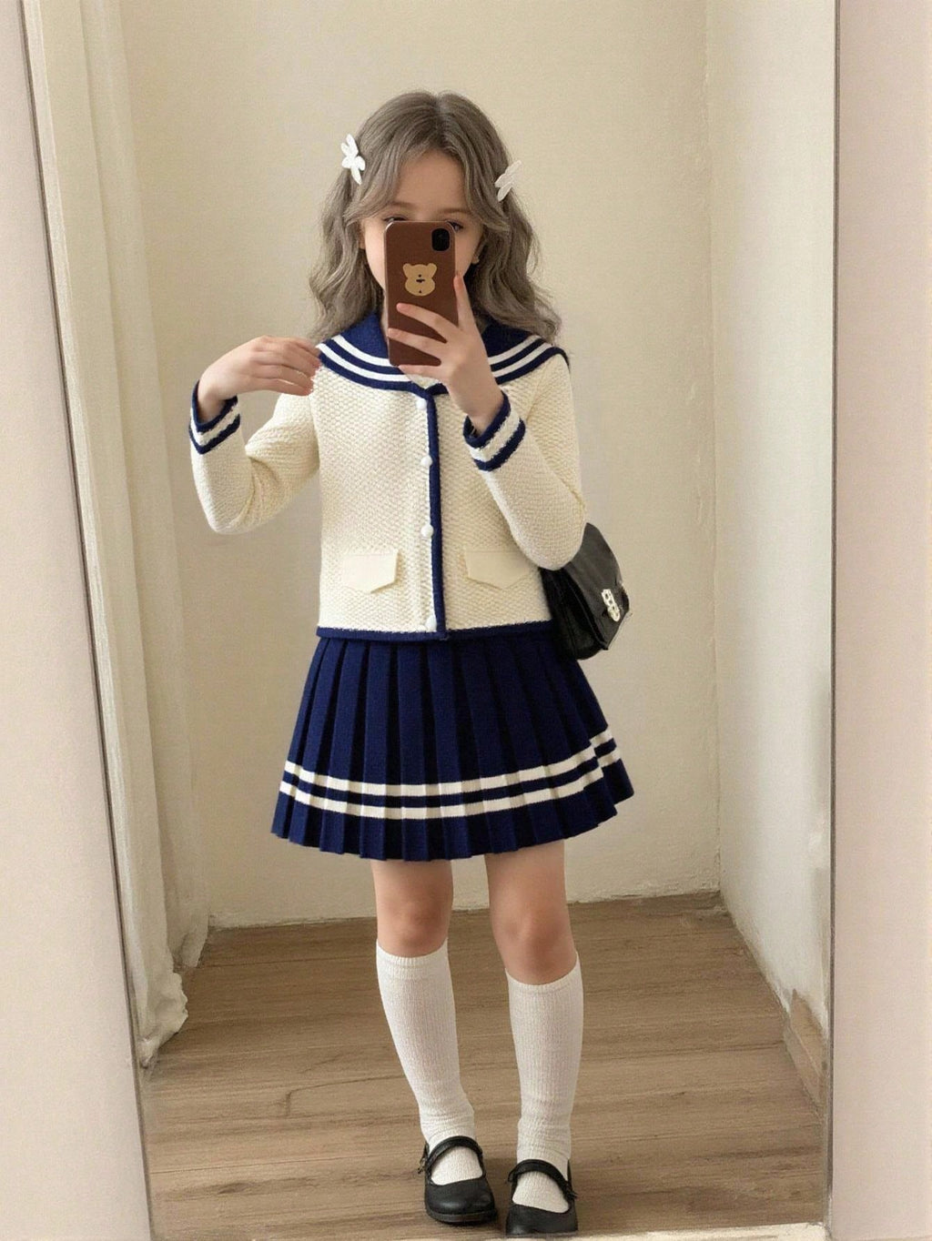 Young Girl Sailor Collar Knitted Cardigan Pleated Skirt 2 Piece Set