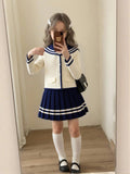 Young Girl Sailor Collar Knitted Cardigan Pleated Skirt 2 Piece Set