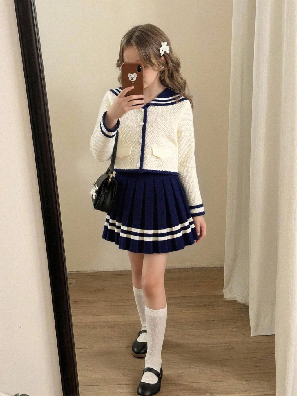 Young Girl Sailor Collar Knitted Cardigan Pleated Skirt 2 Piece Set