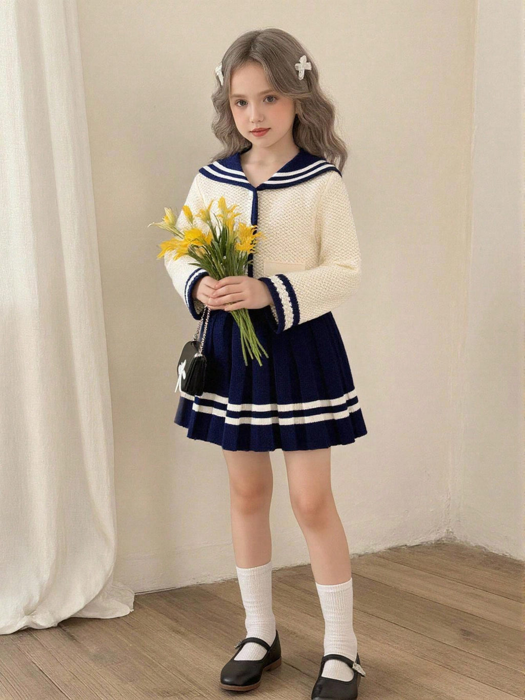 Young Girl Sailor Collar Knitted Cardigan Pleated Skirt 2 Piece Set