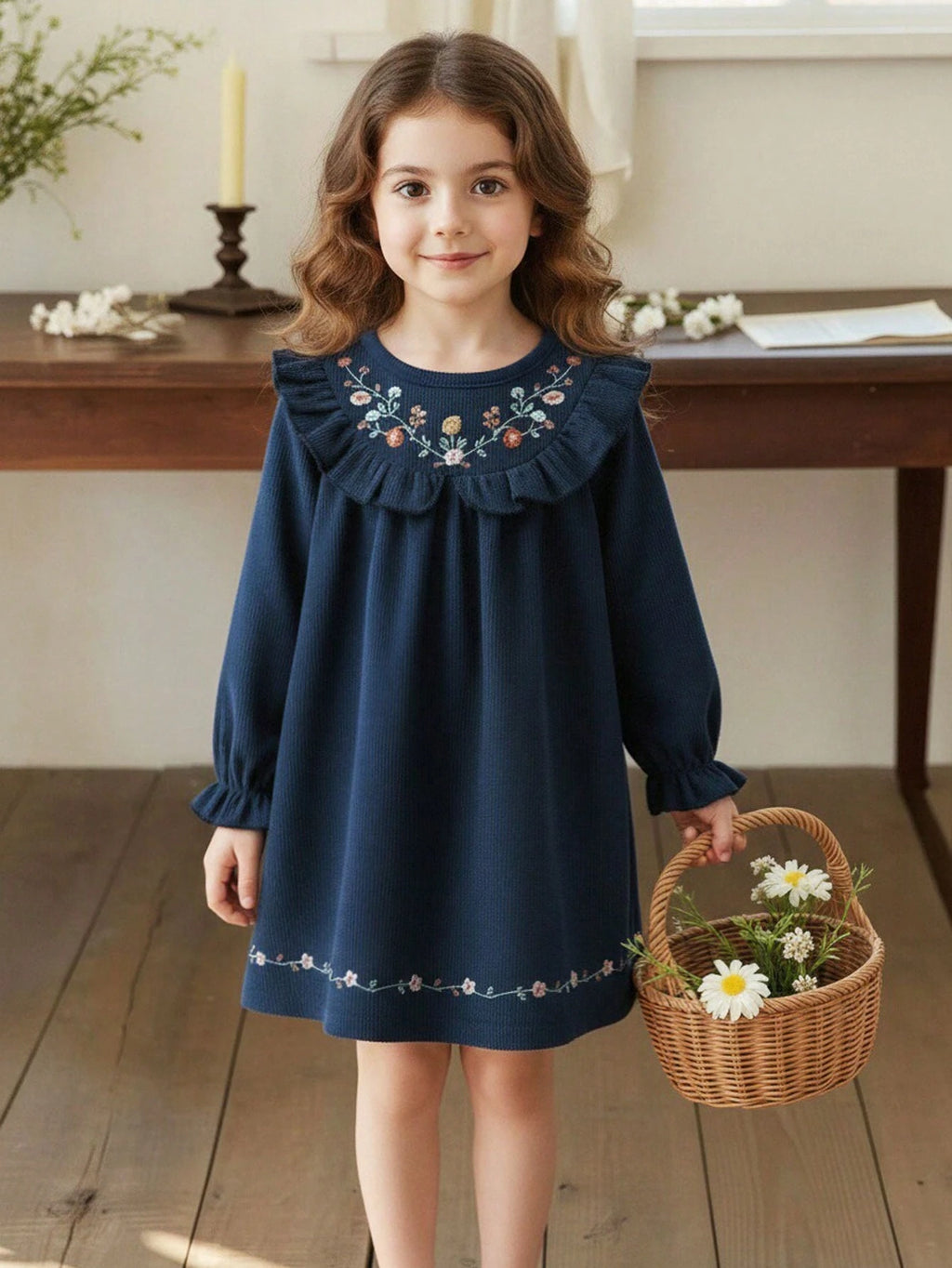 Girls' Embroidered Ruffle Collar Dress