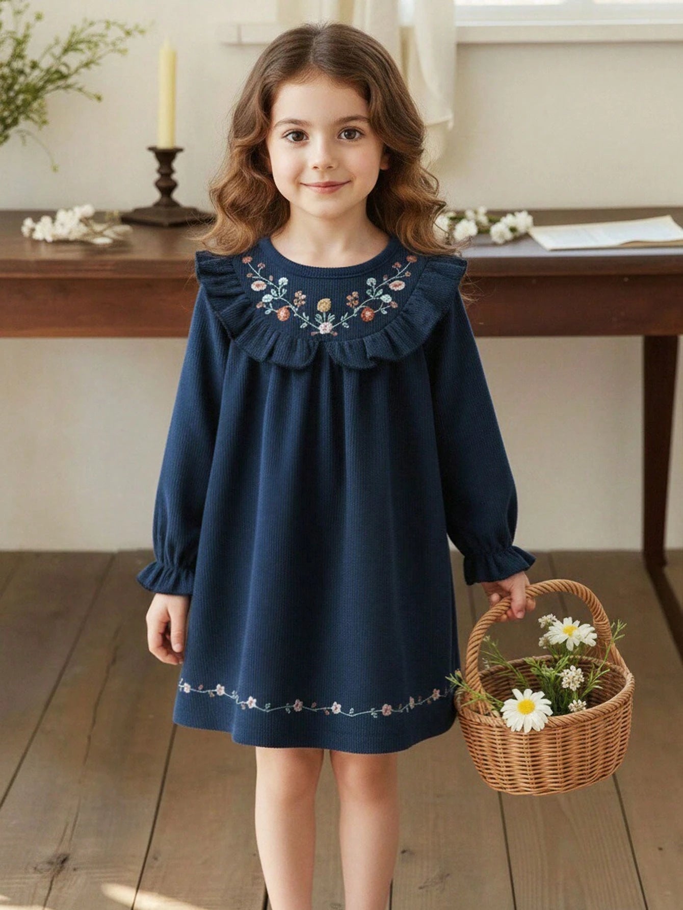 Girls' Embroidered Ruffle Collar Dress