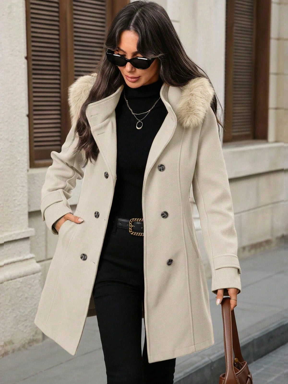 LUNE Women's Apricot Solid Double-Breasted Hooded Overcoat