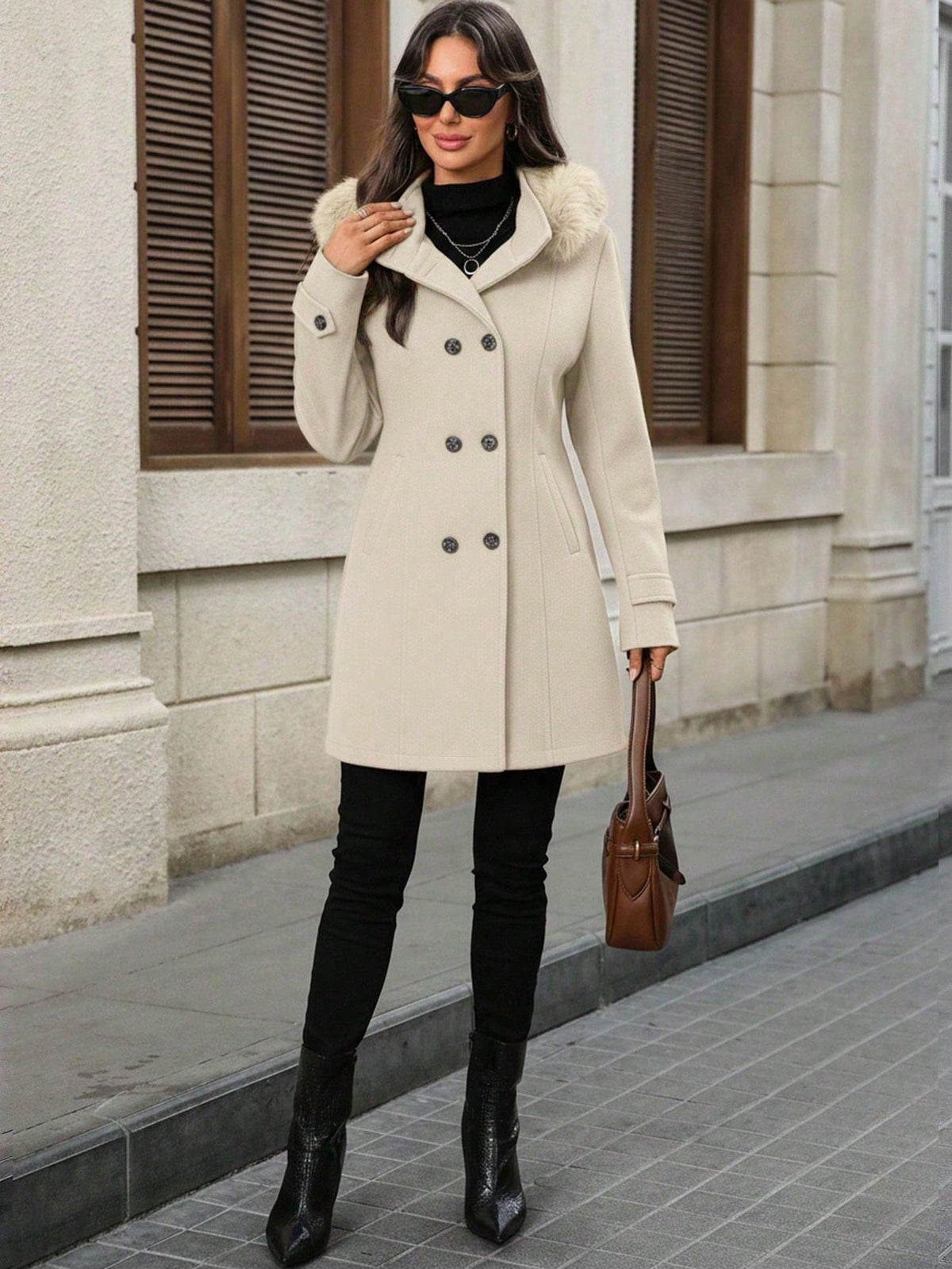 LUNE Women's Apricot Solid Double-Breasted Hooded Overcoat