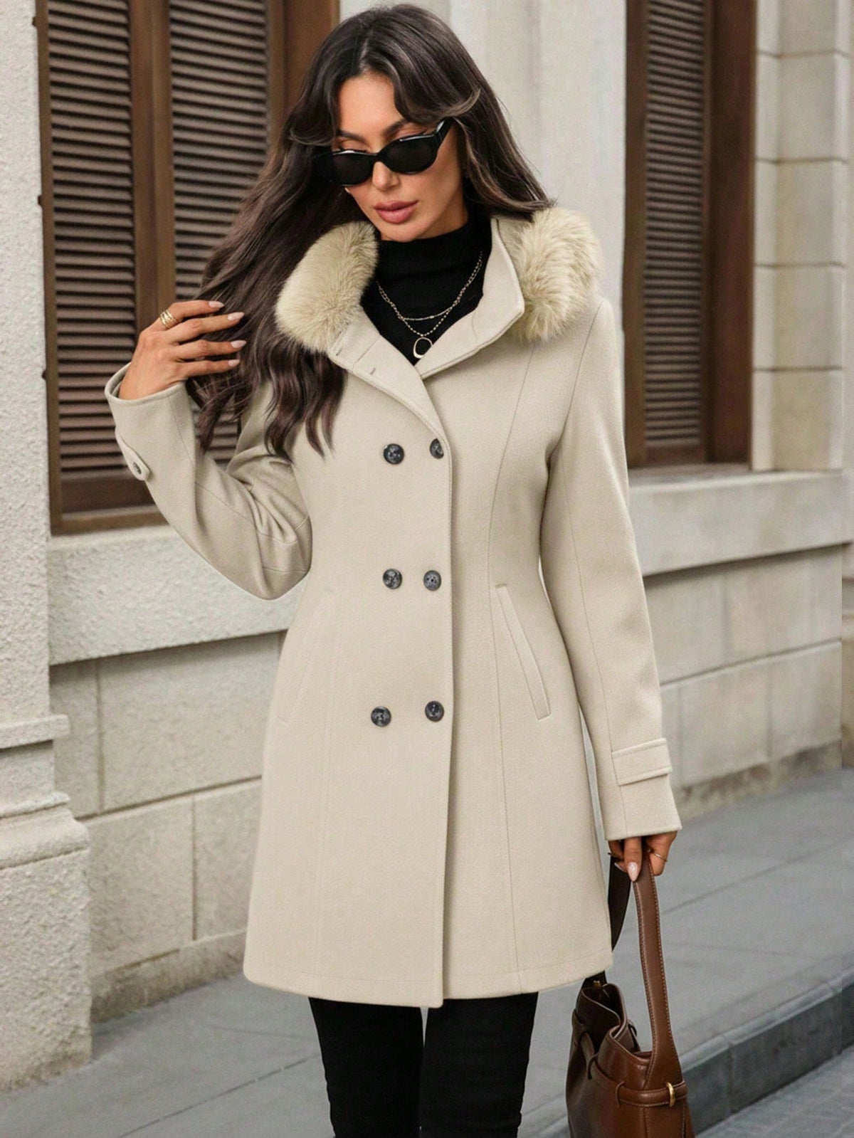 Manteau croisé à capuche LUNE pour femme, couleur abricot
