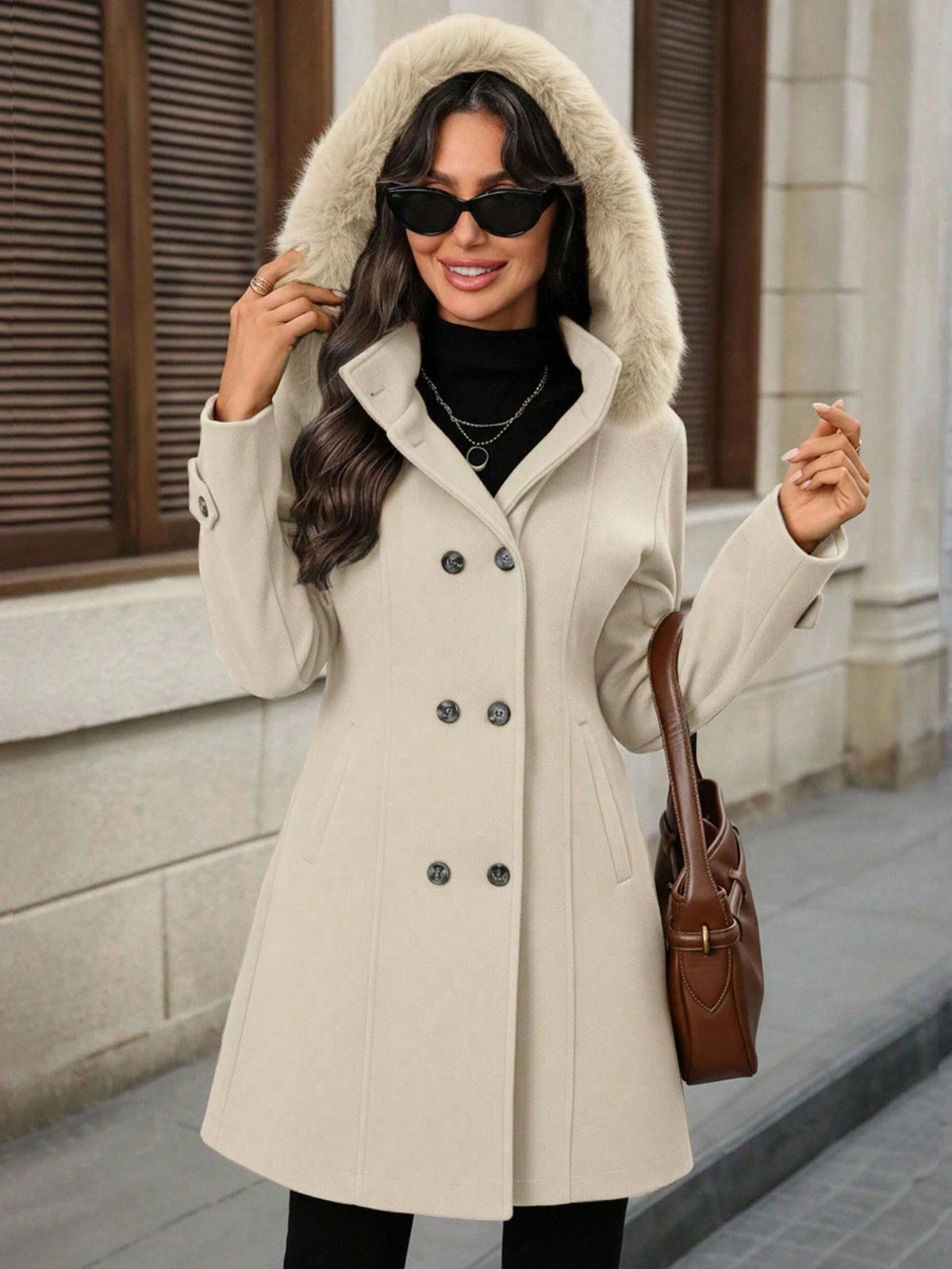 Manteau croisé à capuche LUNE pour femme, couleur abricot