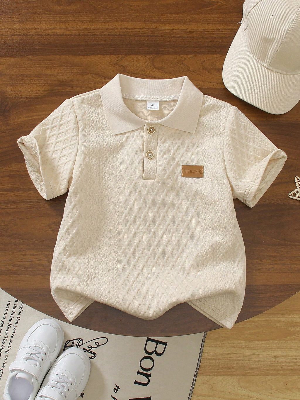 Polo Garçon Beige Texture Losange Patch Cuir