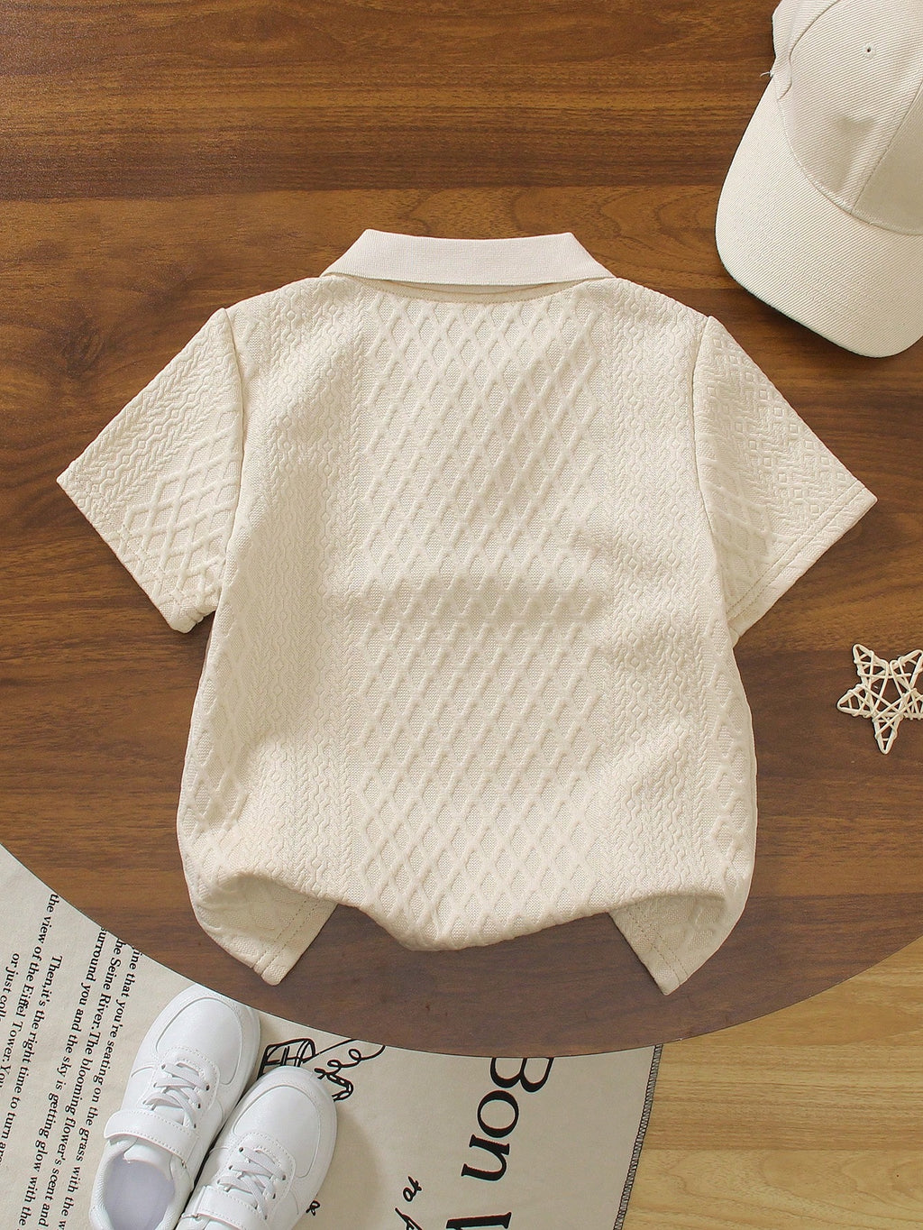 Polo Garçon Beige Texture Losange Patch Cuir