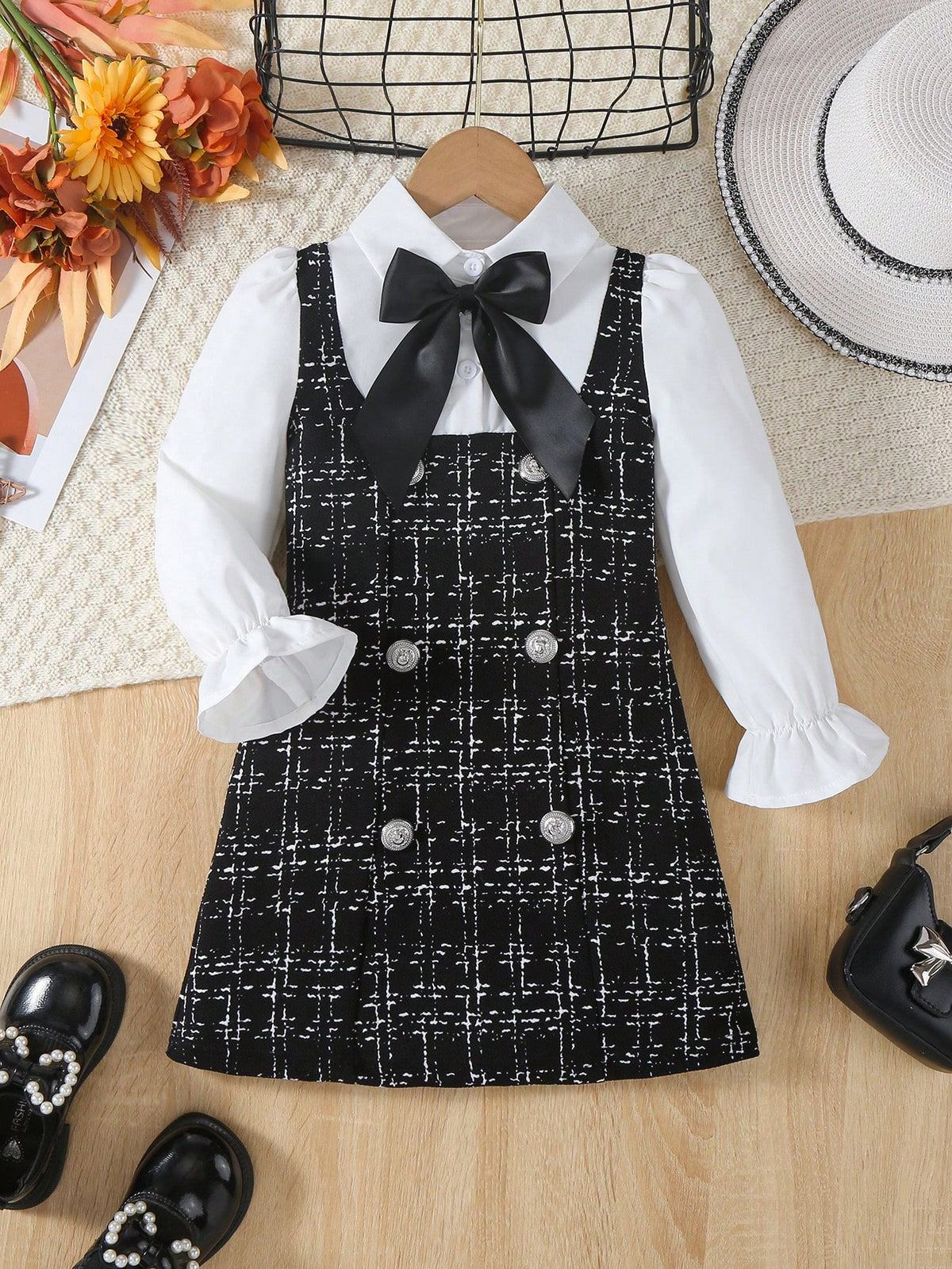 Robe à gâteau à carreaux et blocs de couleurs avec col et manches bouffantes pour jeune fille