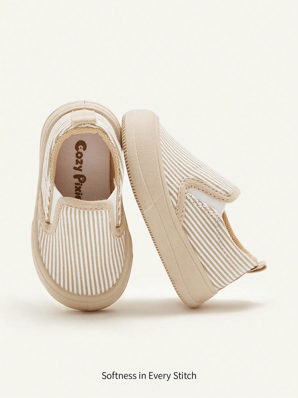 Cozy Pixies Baby Sneakers Khaki Striped Slip-On Comfortable Casual Socks, Daily Wear, Outdoor Sports