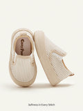 Cozy Pixies Baby Sneakers Khaki Striped Slip-On Comfortable Casual Socks, Daily Wear, Outdoor Sports