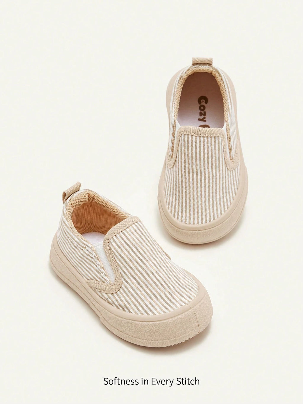 Cozy Pixies Baby Sneakers Khaki Striped Slip-On Comfortable Casual Socks, Daily Wear, Outdoor Sports