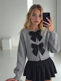 SHEIN Explorewe Fashionable Handmade Bow Knitted Cardigan, Grey Autumn Cute Back-To-School Long Sleeve Tween Girl Sweater Jacket School Button Clothes Light Grey