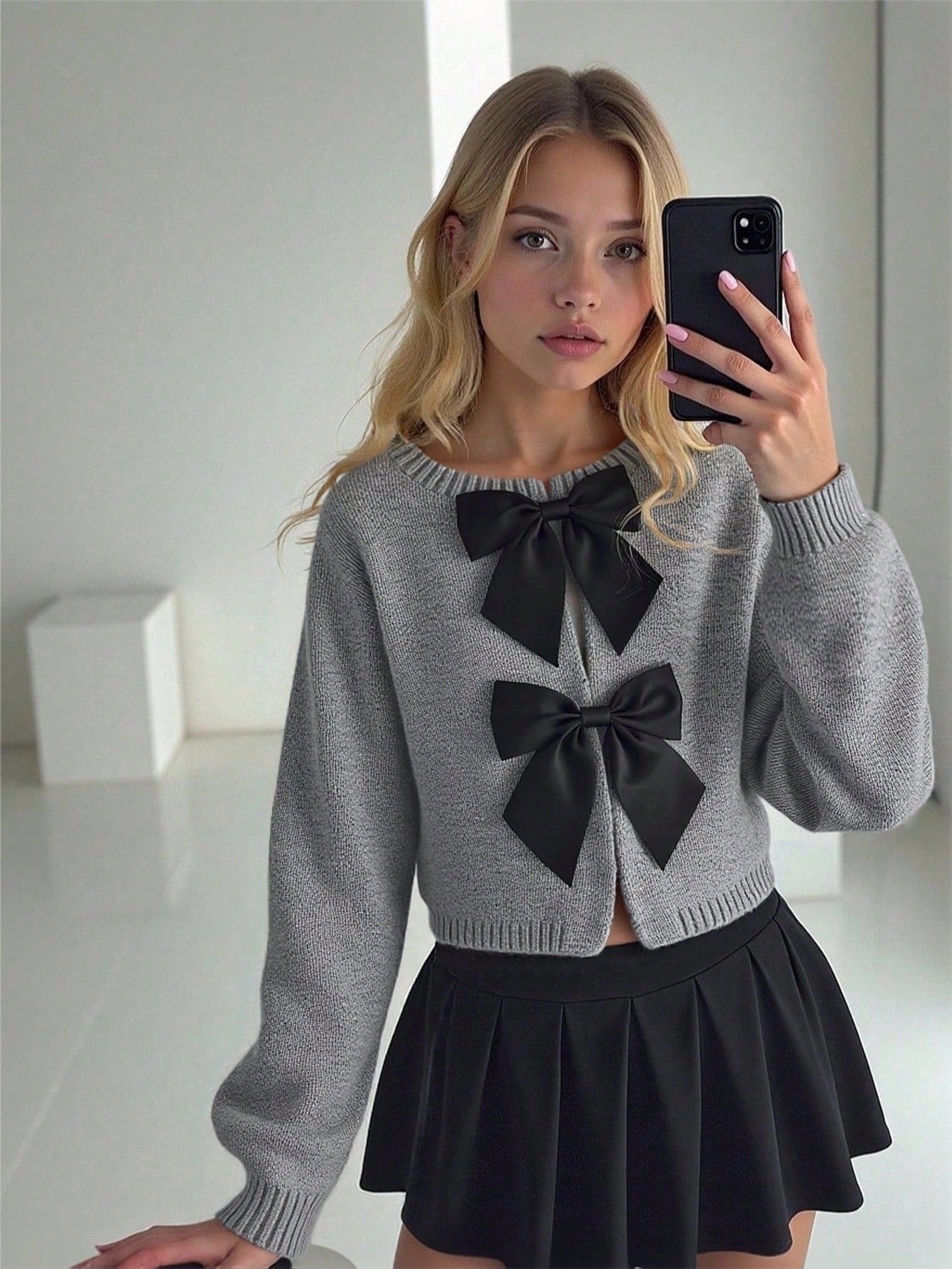 SHEIN Explorewe Fashionable Handmade Bow Knitted Cardigan, Grey Autumn Cute Back-To-School Long Sleeve Tween Girl Sweater Jacket School Button Clothes Light Grey