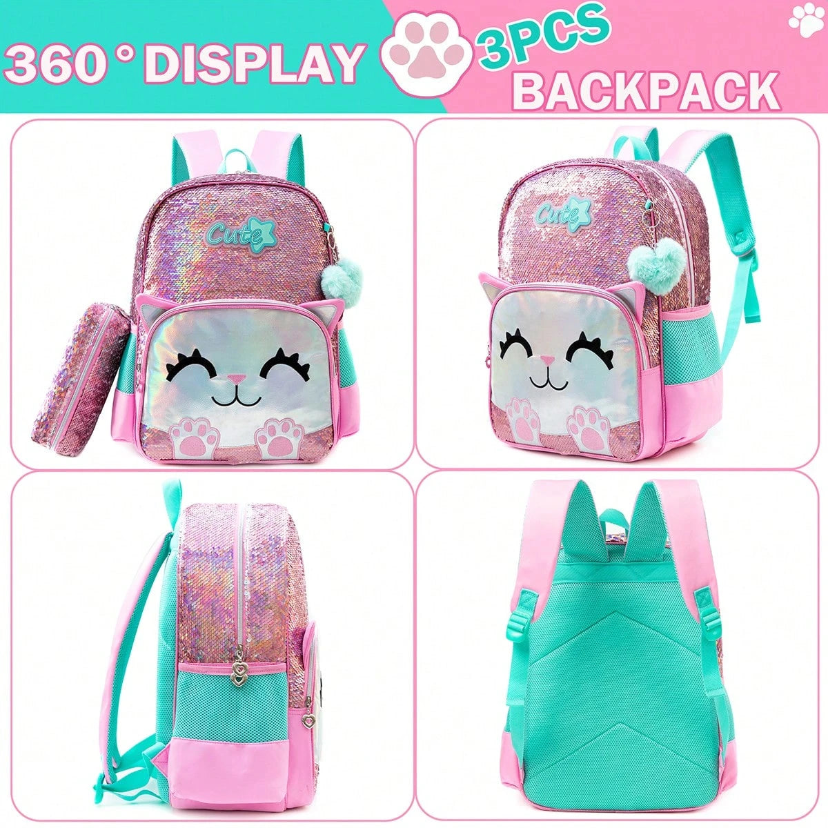 3-Piece Animal Pattern Girls Backpack Set, Includes Crossbody Bag And Pencil Case