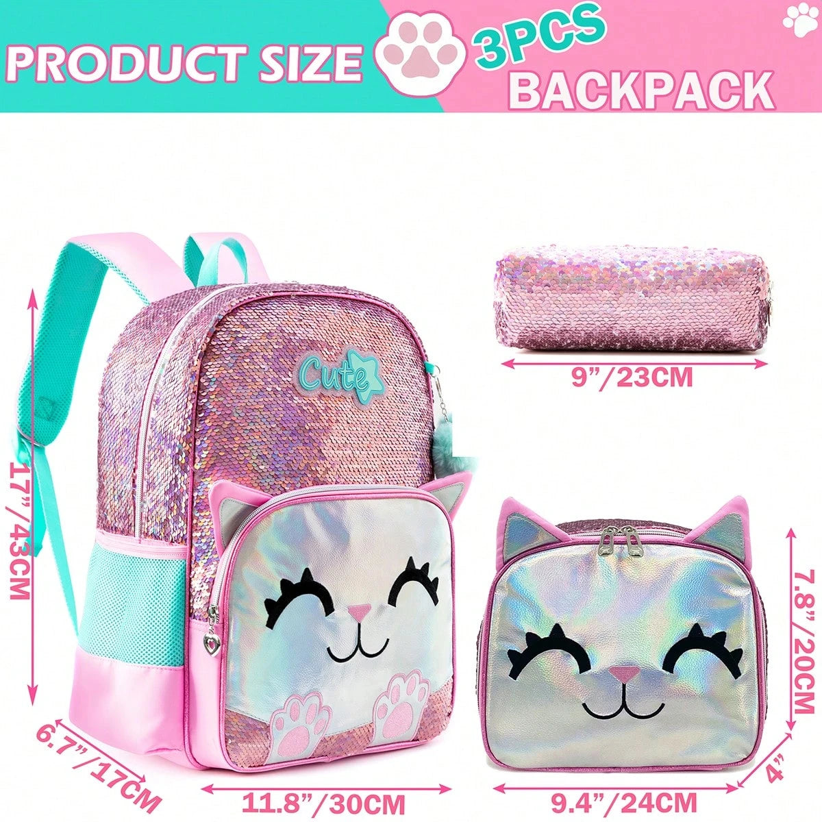 3-Piece Animal Pattern Girls Backpack Set, Includes Crossbody Bag And Pencil Case