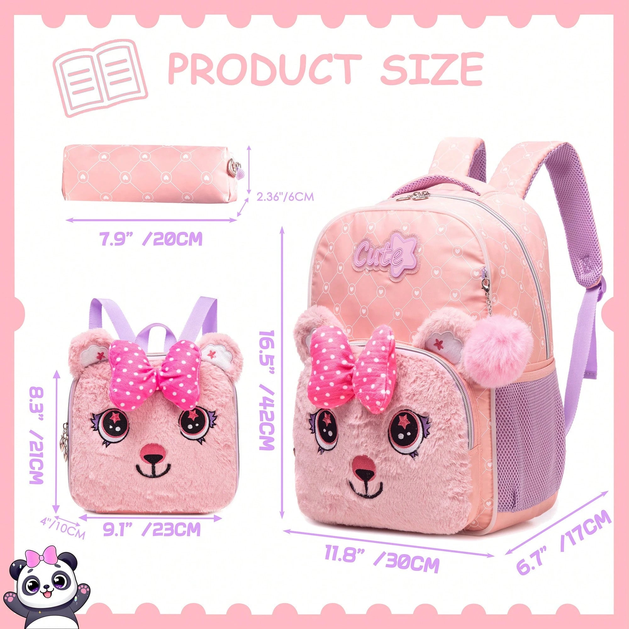 3-Piece Animal Pattern Girls Backpack Set, Includes Crossbody Bag And Pencil Case
