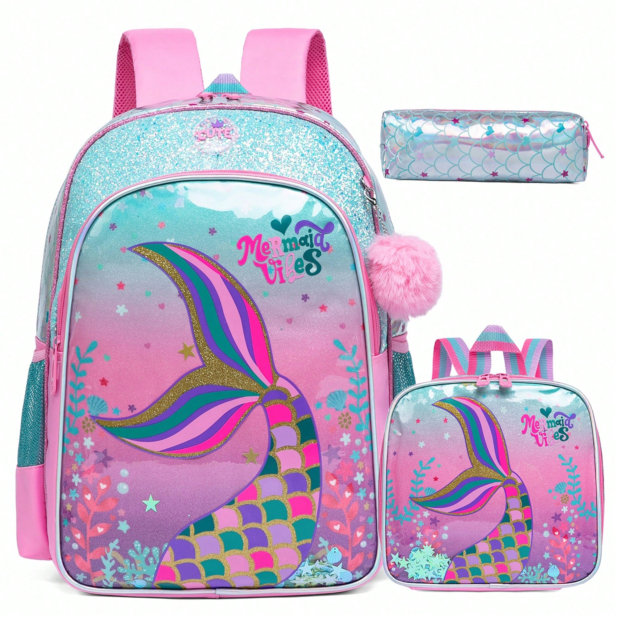 3-Piece Animal Pattern Girls Backpack Set, Includes Crossbody Bag And Pencil Case