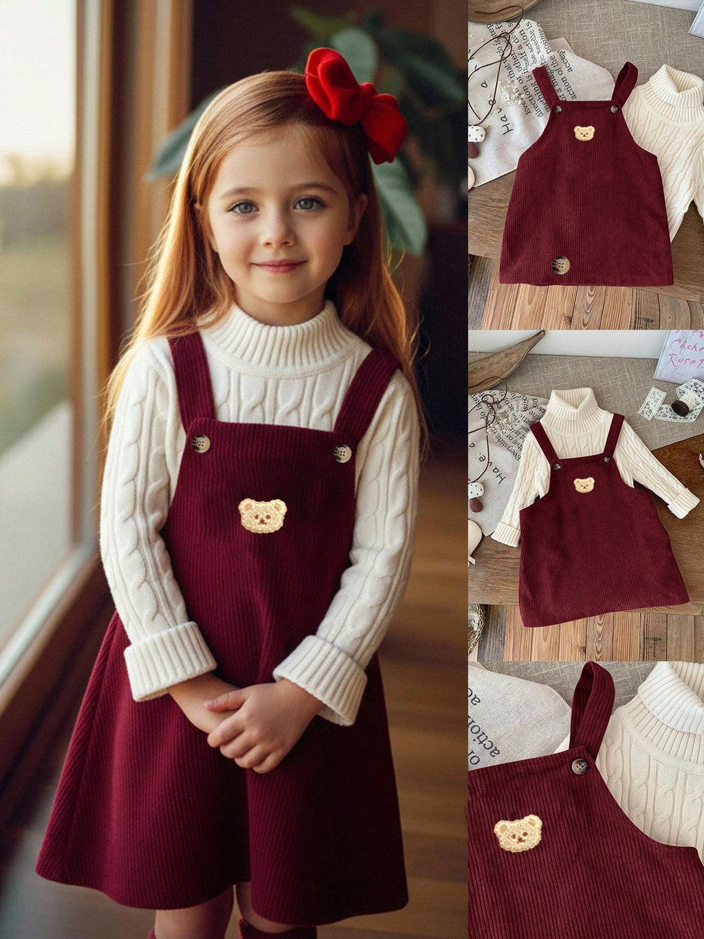 Girls' Burgundy Corduroy Overall Dress Set