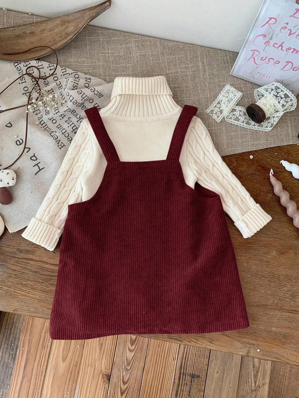 Girls' Burgundy Corduroy Overall Dress Set
