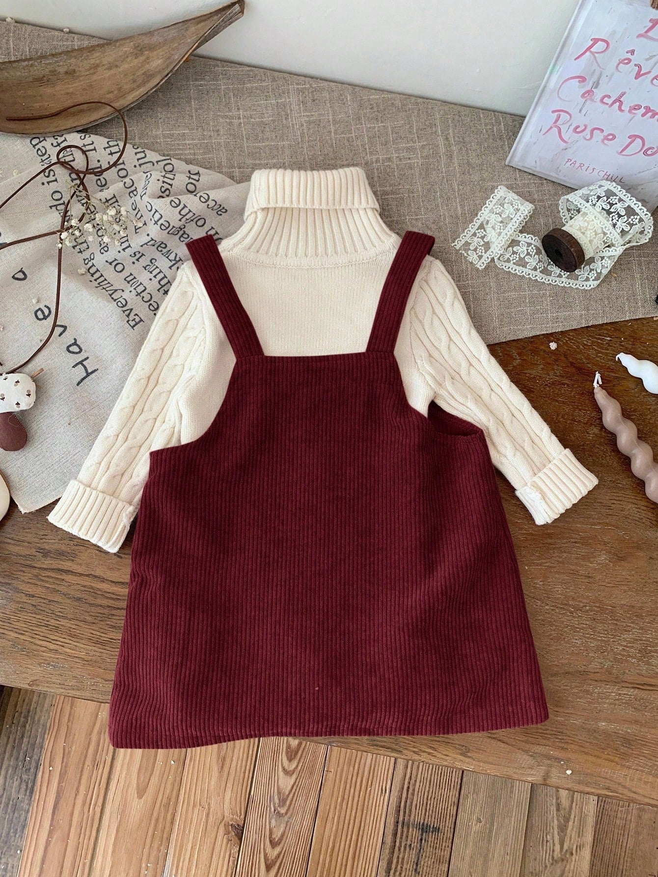 Girls' Burgundy Corduroy Overall Dress Set