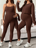 Maternity Sleeveless Jumpsuit & Long Sleeve Top Set Coffee Brown